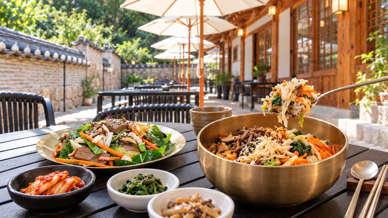 Mokmyeoksanbang outdoor dining visual with bibimbap and shared Korean dishes