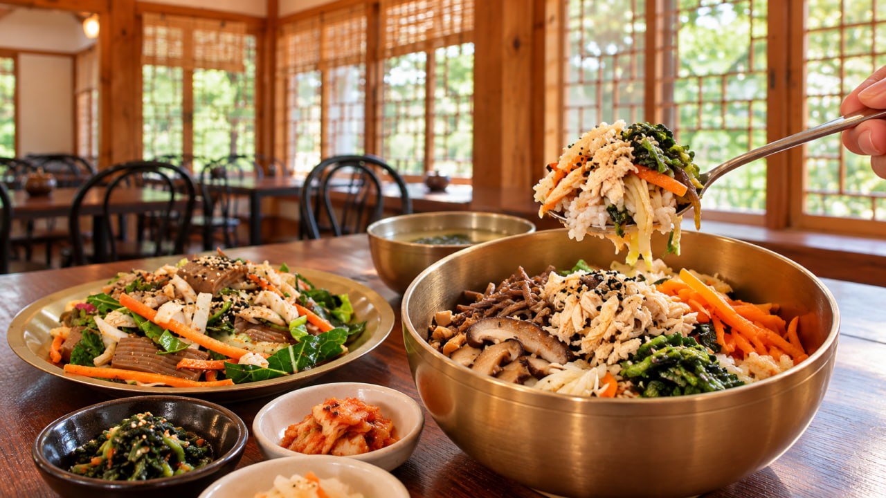 Mokmyeoksanbang indoor dining visual with bibimbap and shared Korean dishes