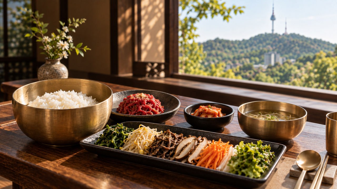 남산서울타워를 배경으로 흰밥과 한우 육회, 여러 나물을 차린 비빔밥 한 상