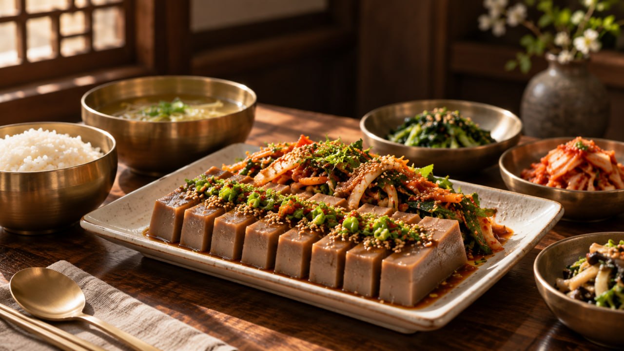 햇살 드는 한옥 창가에 도토리묵과 채소무침, 밥과 반찬을 차린 한 상