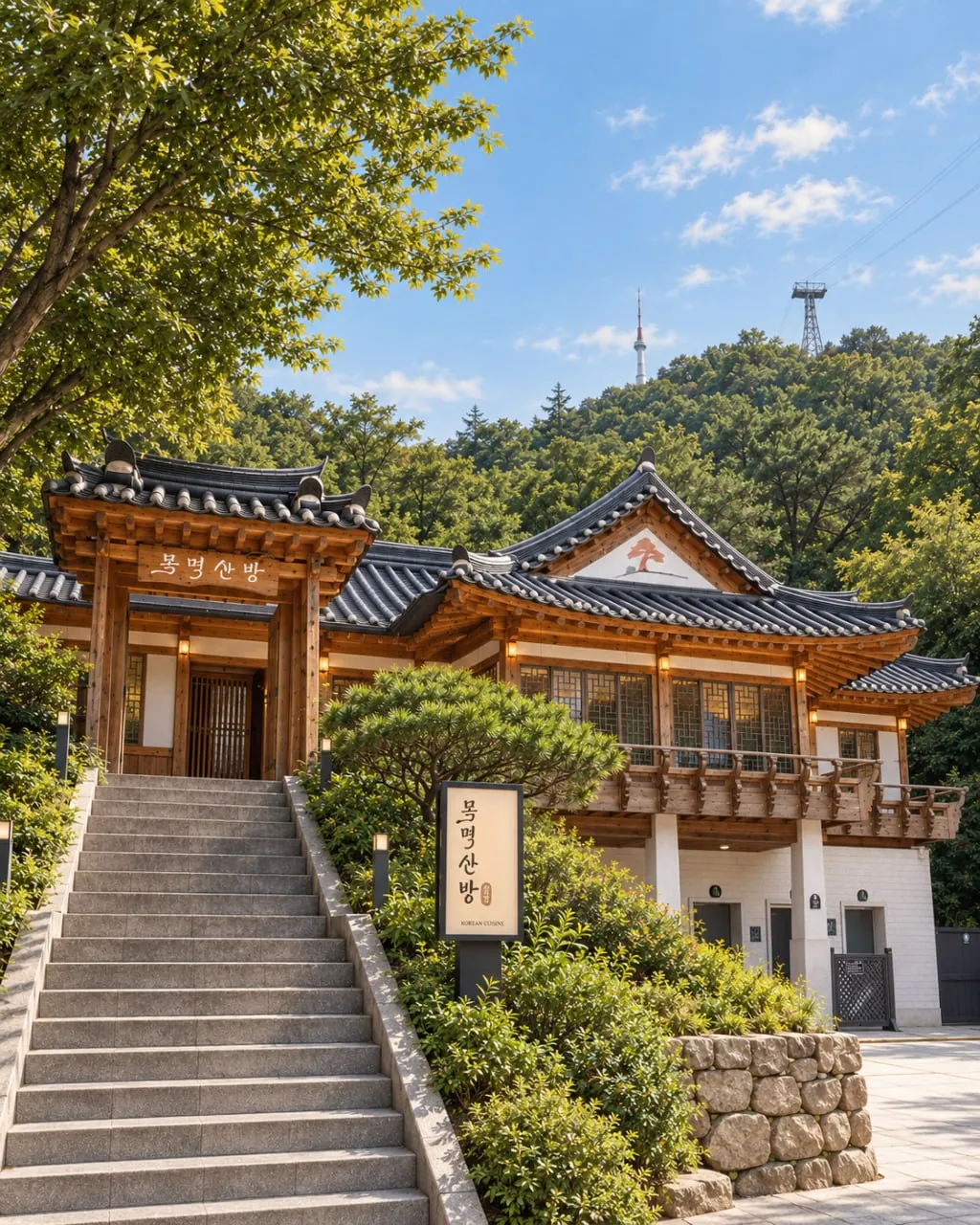 남산서울타워가 보이는 한옥 형태의 목멱산방 남산타워점 외관